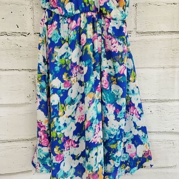 Lush Blue Floral Sleeveless Faux Wrap Dress - Picture 12 of 12